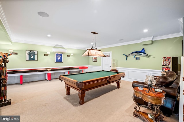 211 Dutton Mill Rd, West Chester, PA 19380 - recreation room with carpet, crown molding, billiards, a wainscoted wall, and recessed lighting