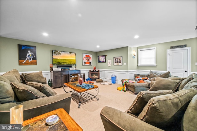 211 Dutton Mill Rd, West Chester, PA 19380 - carpeted living room with wainscoting, recessed lighting, and a fireplace