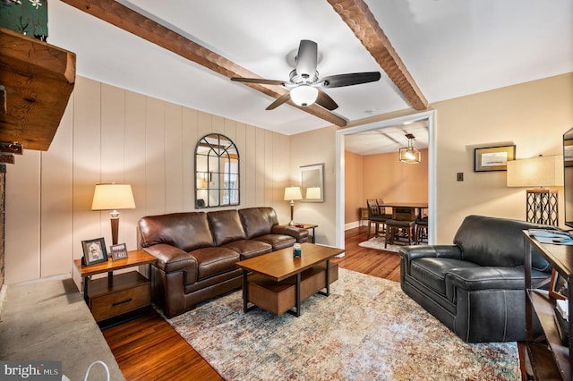 211 Dutton Mill Rd, West Chester, PA 19380 - living room featuring beam ceiling, wood finished floors, ceiling fan, and baseboards