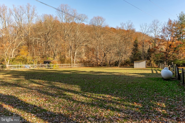view of yard featuring a shed, an outbuilding, and a forest view