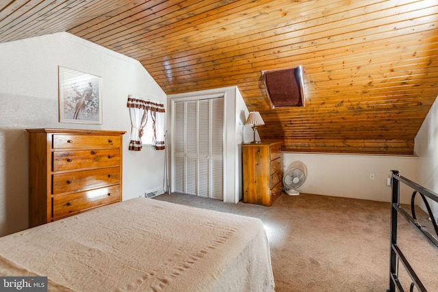 carpeted bedroom with wooden ceiling, lofted ceiling, and a closet