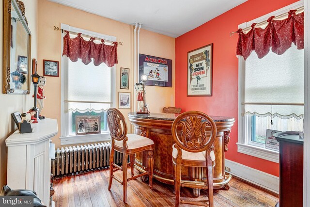 9309 W St, Manassas, VA 20110 - dining room featuring radiator, wood-type flooring, and a bar
