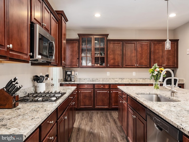 1205 Hickory Hill Cir, Arnold, MD 21012 - kitchen featuring stainless steel appliances, a sink, dark wood finished floors, pendant lighting, and glass insert cabinets