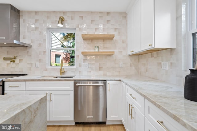3 Knox Pl, Silver Spring, MD 20901 - kitchen with stainless steel dishwasher, wall chimney range hood, white cabinets, and decorative backsplash