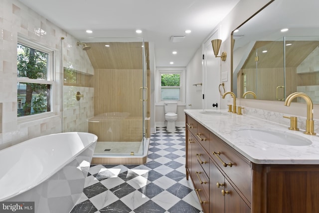 3 Knox Pl, Silver Spring, MD 20901 - bathroom featuring double vanity, a soaking tub, a stall shower, recessed lighting, and tile patterned floors