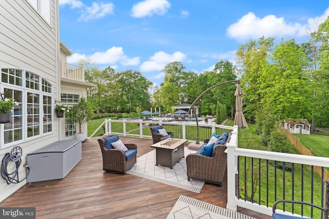 18729 Upper Meadow Dr, Leesburg, VA 20176 - wooden terrace featuring an outdoor living space with a fire pit and a yard
