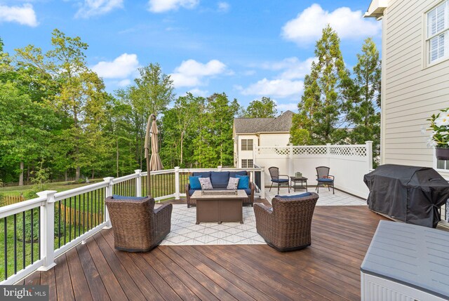18729 Upper Meadow Dr, Leesburg, VA 20176 - deck featuring an outdoor living space with a fire pit, grilling area, and view of scattered trees