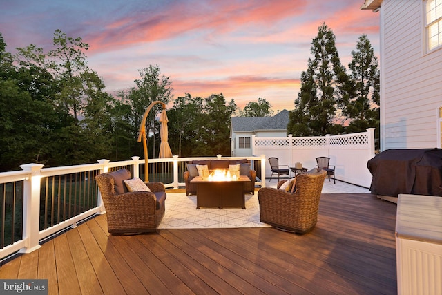 18729 Upper Meadow Dr, Leesburg, VA 20176 - wooden deck with an outdoor living space with a fire pit