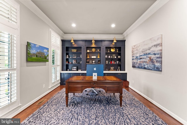 18729 Upper Meadow Dr, Leesburg, VA 20176 - office area with dark wood-style floors, ornamental molding, baseboards, and recessed lighting