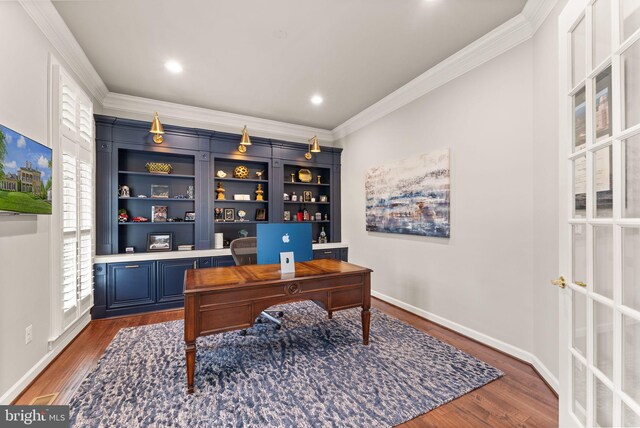 18729 Upper Meadow Dr, Leesburg, VA 20176 - office with dark wood-type flooring, ornamental molding, and baseboards