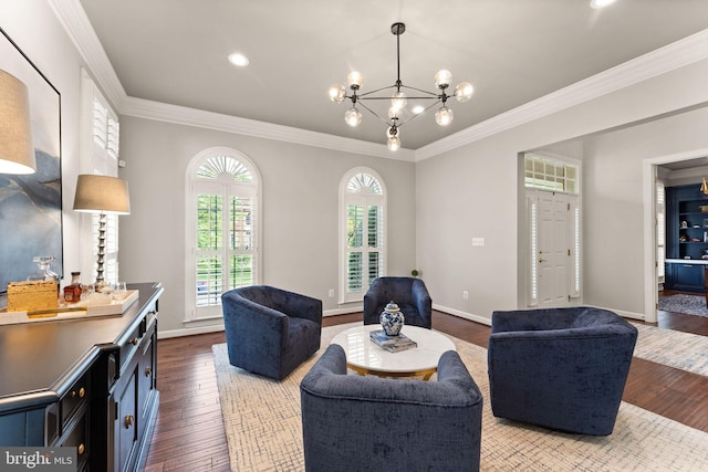18729 Upper Meadow Dr, Leesburg, VA 20176 - living area with dark wood-style flooring, crown molding, a chandelier, baseboards, and recessed lighting