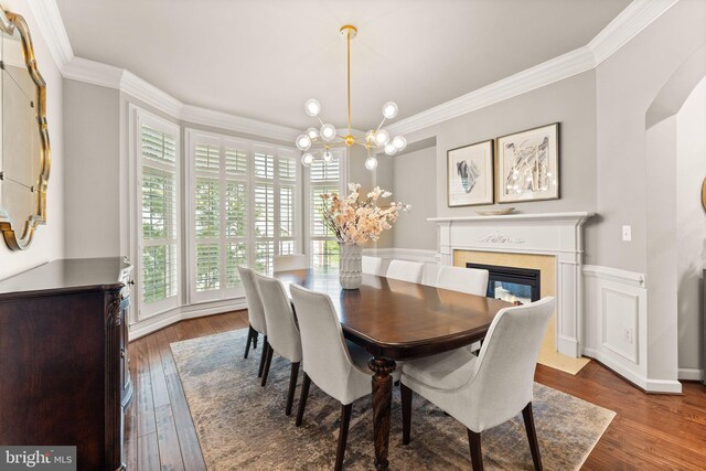 18729 Upper Meadow Dr, Leesburg, VA 20176 - dining space with ornamental molding, dark wood-type flooring, a chandelier, and a glass covered fireplace