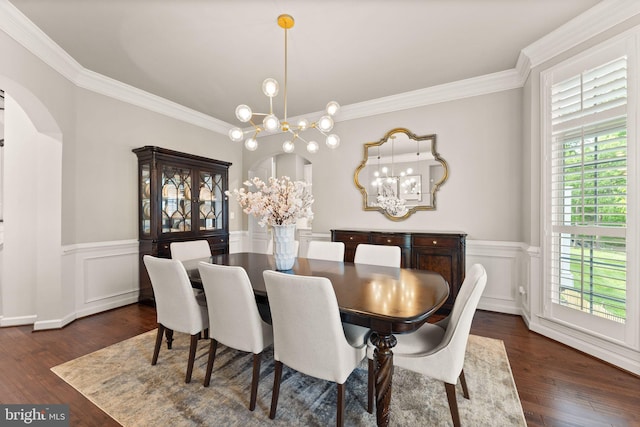 18729 Upper Meadow Dr, Leesburg, VA 20176 - dining space with arched walkways, a chandelier, ornamental molding, a wainscoted wall, and dark wood-style floors