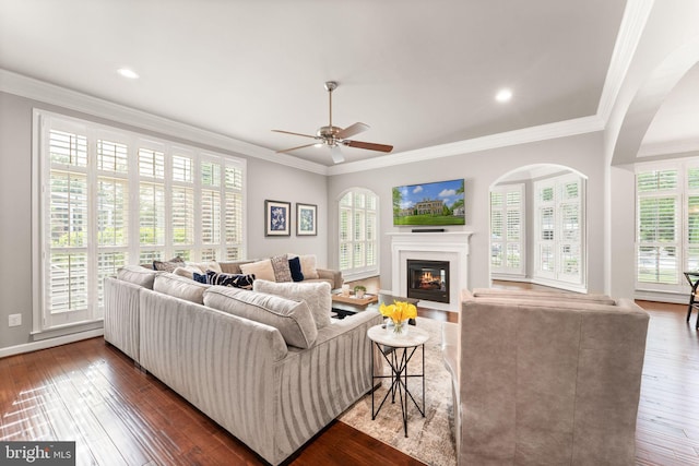18729 Upper Meadow Dr, Leesburg, VA 20176 - living area with a glass covered fireplace, a ceiling fan, dark wood-style flooring, crown molding, and baseboards