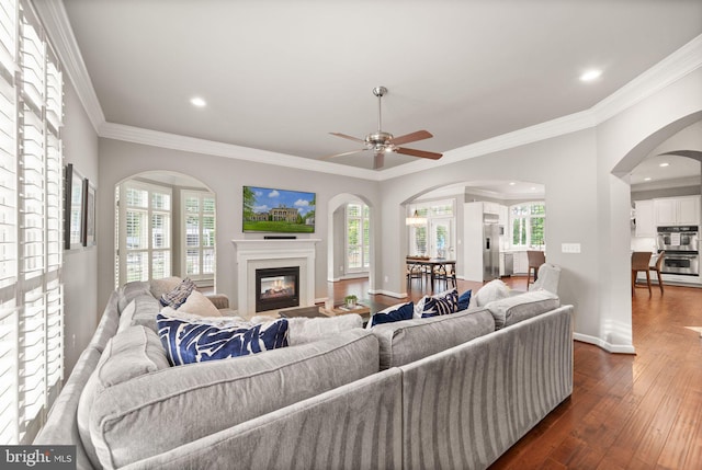 18729 Upper Meadow Dr, Leesburg, VA 20176 - living area with a ceiling fan, dark wood finished floors, a glass covered fireplace, baseboards, and plenty of natural light