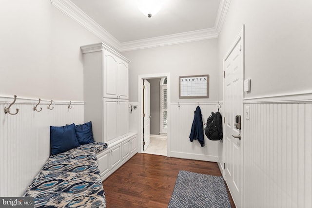 18729 Upper Meadow Dr, Leesburg, VA 20176 - mudroom with ornamental molding, a wainscoted wall, and dark wood finished floors