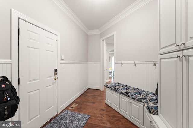 18729 Upper Meadow Dr, Leesburg, VA 20176 - mudroom with wainscoting, ornamental molding, and dark wood-type flooring