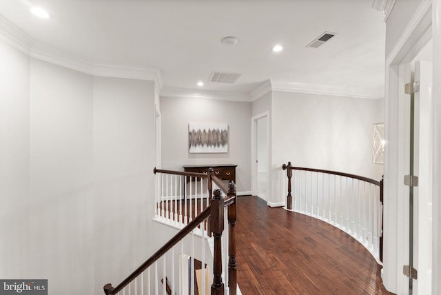 18729 Upper Meadow Dr, Leesburg, VA 20176 - corridor featuring an upstairs landing, dark wood finished floors, ornamental molding, recessed lighting, and baseboards