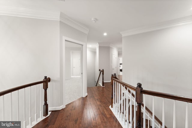 18729 Upper Meadow Dr, Leesburg, VA 20176 - hall with an upstairs landing, hardwood / wood-style flooring, crown molding, recessed lighting, and baseboards