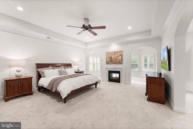 18729 Upper Meadow Dr, Leesburg, VA 20176 - bedroom featuring light carpet, a raised ceiling, recessed lighting, and crown molding