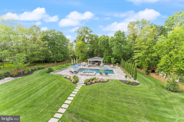 18729 Upper Meadow Dr, Leesburg, VA 20176 - view of pool with a gazebo, a patio area, view of scattered trees, and a pool with connected hot tub