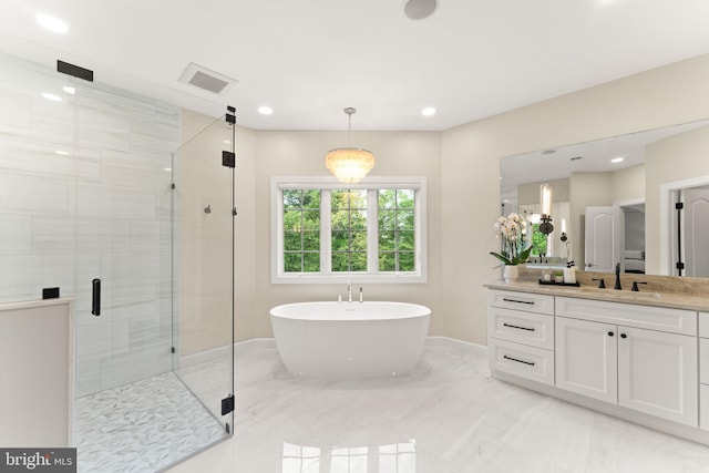 18729 Upper Meadow Dr, Leesburg, VA 20176 - full bathroom featuring vanity, a stall shower, marble finish flooring, a freestanding bath, and recessed lighting