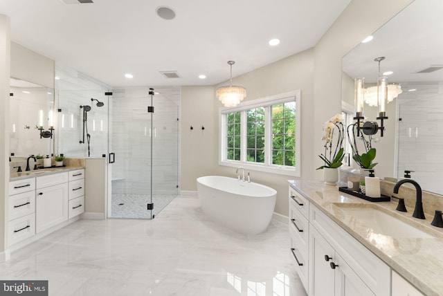 18729 Upper Meadow Dr, Leesburg, VA 20176 - bathroom with a stall shower, marble tiled floors, baseboards, two vanities, and recessed lighting