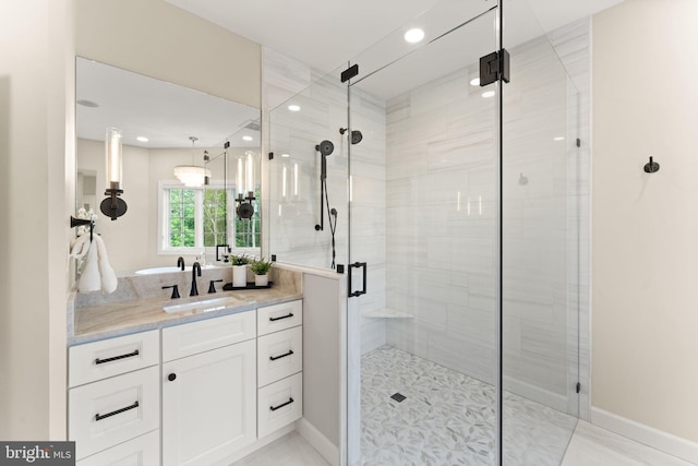 18729 Upper Meadow Dr, Leesburg, VA 20176 - full bathroom with a stall shower, vanity, and recessed lighting