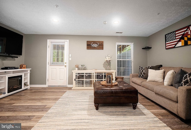 living room with wood finished floors, a textured ceiling, baseboards, and recessed lighting