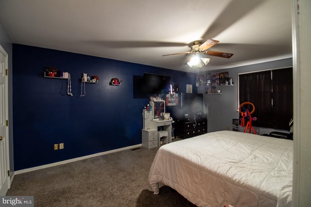 bedroom with carpet floors, baseboards, and ceiling fan
