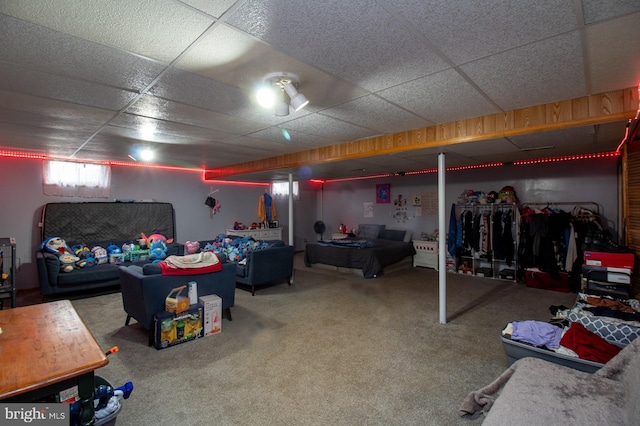 below grade area featuring a paneled ceiling and carpet floors