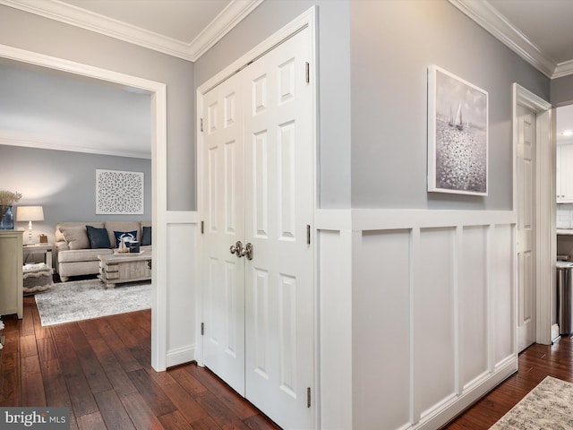 6085 Franklin Gibson Rd, Tracys Landing, MD 20779 - hallway featuring dark wood-type flooring and ornamental molding