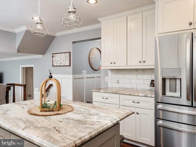 6085 Franklin Gibson Rd, Tracys Landing, MD 20779 - kitchen featuring stainless steel refrigerator with ice dispenser, crown molding, light stone counters, a kitchen island, and white cabinets