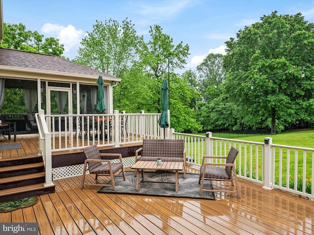 6085 Franklin Gibson Rd, Tracys Landing, MD 20779 - wooden terrace featuring a sunroom, a yard, an outdoor hangout area, and view of scattered trees