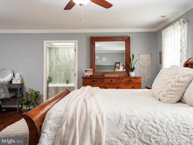 6085 Franklin Gibson Rd, Tracys Landing, MD 20779 - bedroom featuring crown molding, wood finished floors, ensuite bathroom, ceiling fan, and baseboards