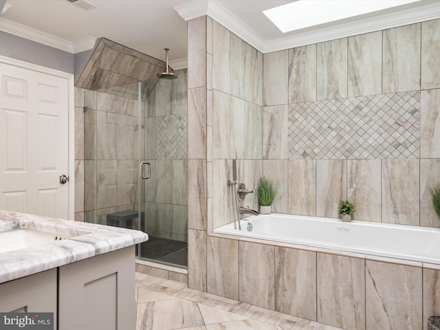 6085 Franklin Gibson Rd, Tracys Landing, MD 20779 - full bath with crown molding, a shower stall, vanity, a bath, and a skylight