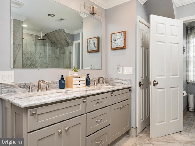 6085 Franklin Gibson Rd, Tracys Landing, MD 20779 - full bath with ornamental molding, double vanity, tiled shower, and recessed lighting
