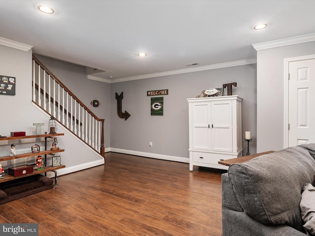 6085 Franklin Gibson Rd, Tracys Landing, MD 20779 - entryway featuring dark wood-style floors, crown molding, stairway, recessed lighting, and baseboards