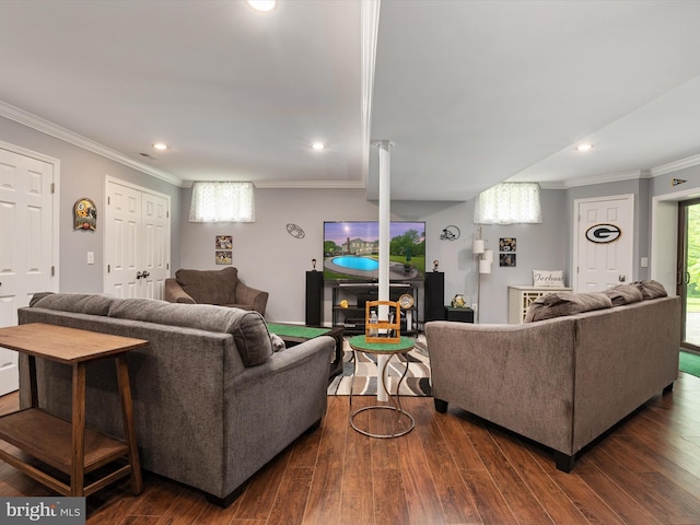 6085 Franklin Gibson Rd, Tracys Landing, MD 20779 - living area featuring ornamental molding, dark wood-style flooring, and recessed lighting