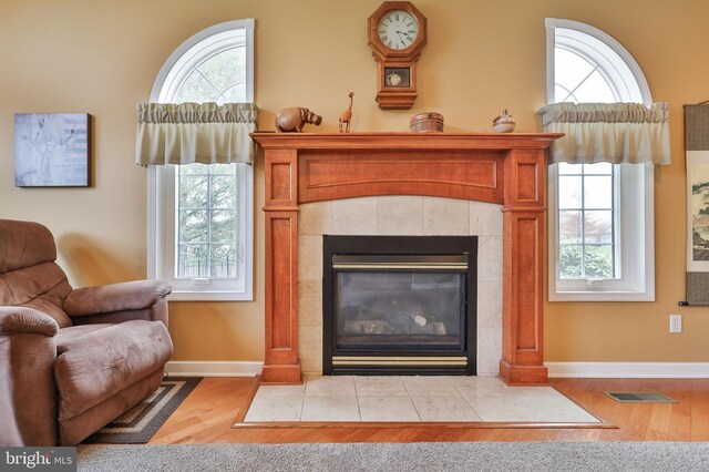 living area featuring wood finished floors, baseboards, and a fireplace