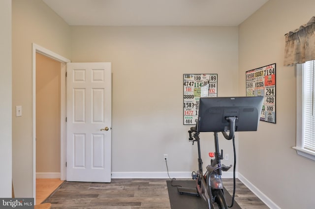 workout area featuring wood finished floors, baseboards, and plenty of natural light
