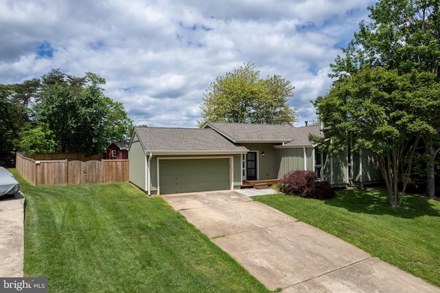 single story home featuring driveway, a garage, and roof with shingles