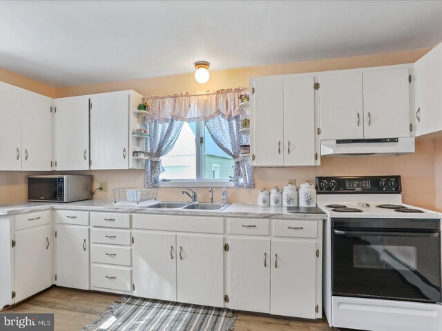 4126 Coseytown Rd, Greencastle, PA 17225 - kitchen with electric range oven, stainless steel microwave, under cabinet range hood, open shelves, and a sink