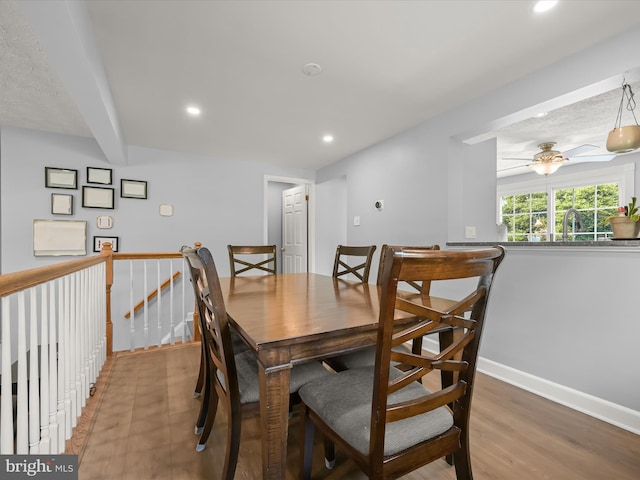 6300 Loring Dr, Columbia, MD 21045 - dining room with recessed lighting, beamed ceiling, light wood-type flooring, ceiling fan, and baseboards