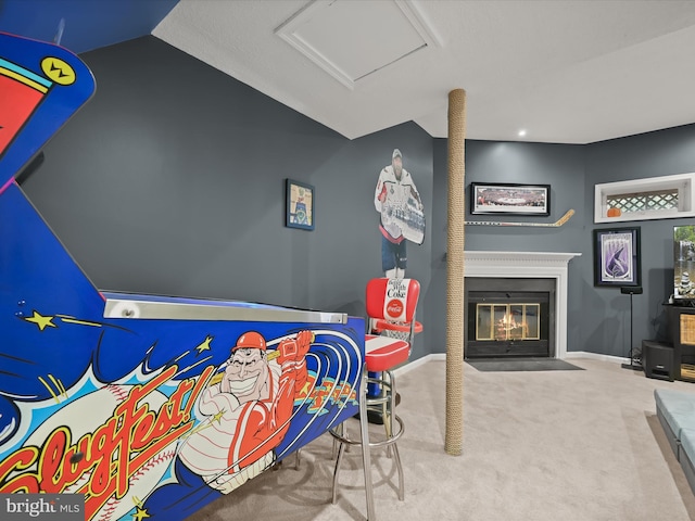 6300 Loring Dr, Columbia, MD 21045 - bedroom featuring attic access, a fireplace with flush hearth, carpet flooring, vaulted ceiling, and baseboards