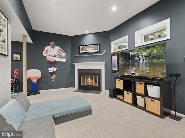 6300 Loring Dr, Columbia, MD 21045 - living area with a fireplace with flush hearth, carpet floors, baseboards, and recessed lighting