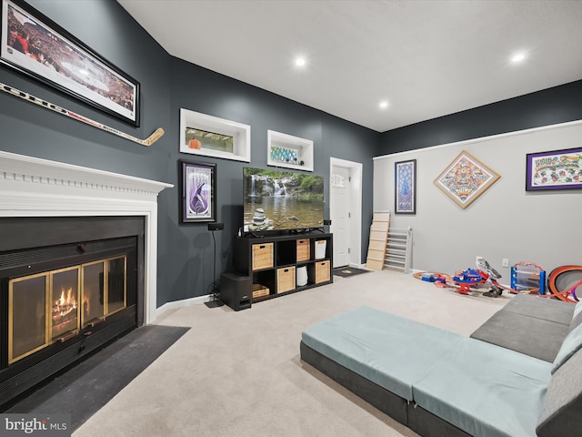 6300 Loring Dr, Columbia, MD 21045 - living room with a fireplace with flush hearth, carpet flooring, recessed lighting, and baseboards