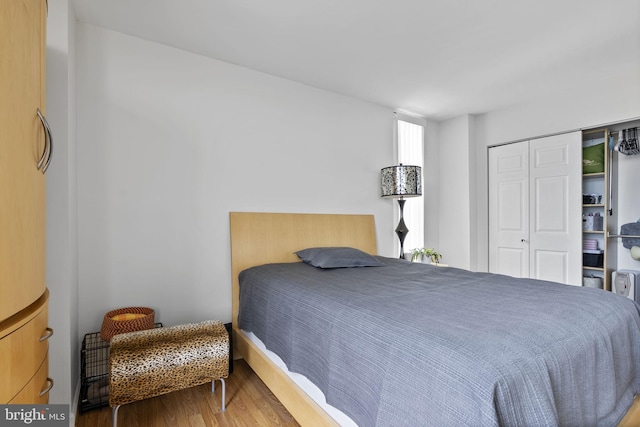 bedroom featuring wood finished floors and a closet