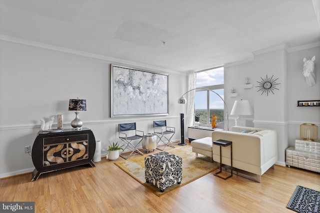 living area featuring wood finished floors and ornamental molding