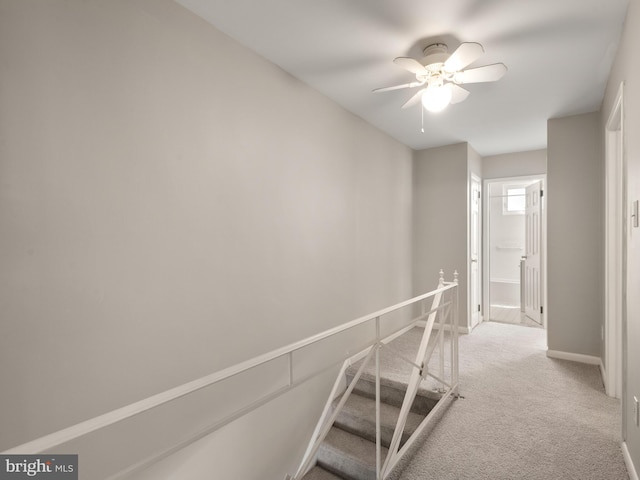 stairs featuring ceiling fan, carpet flooring, and baseboards